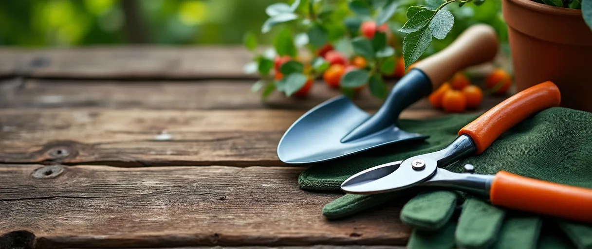 Gartenwerkzeug und Handschuhe auf einem Holztisch