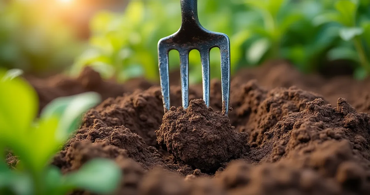 Grabegabel lockert schwere Gartenerde