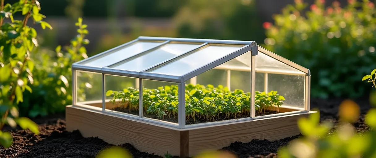 Kleines Gewächshaus mit Jungpflanzen im Garten