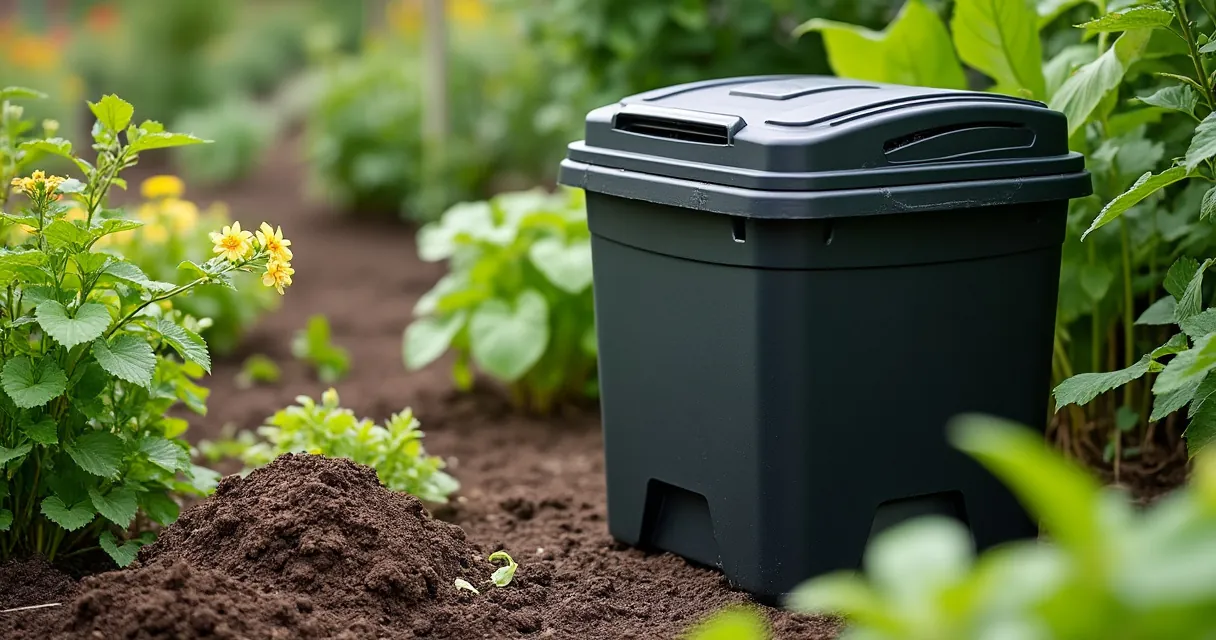 Komposter in einem Kleingarten mit Gartenabfällen