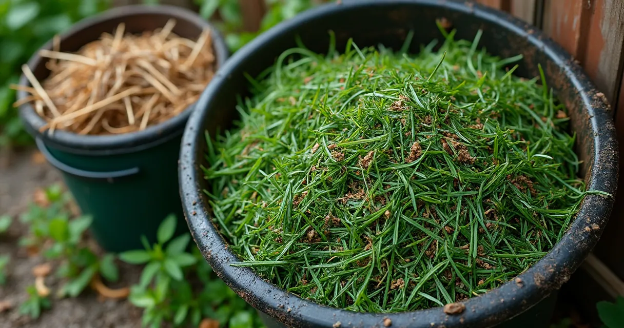 Nasser, verklebter Grasschnitt neben einem Eimer mit trockenem Stroh