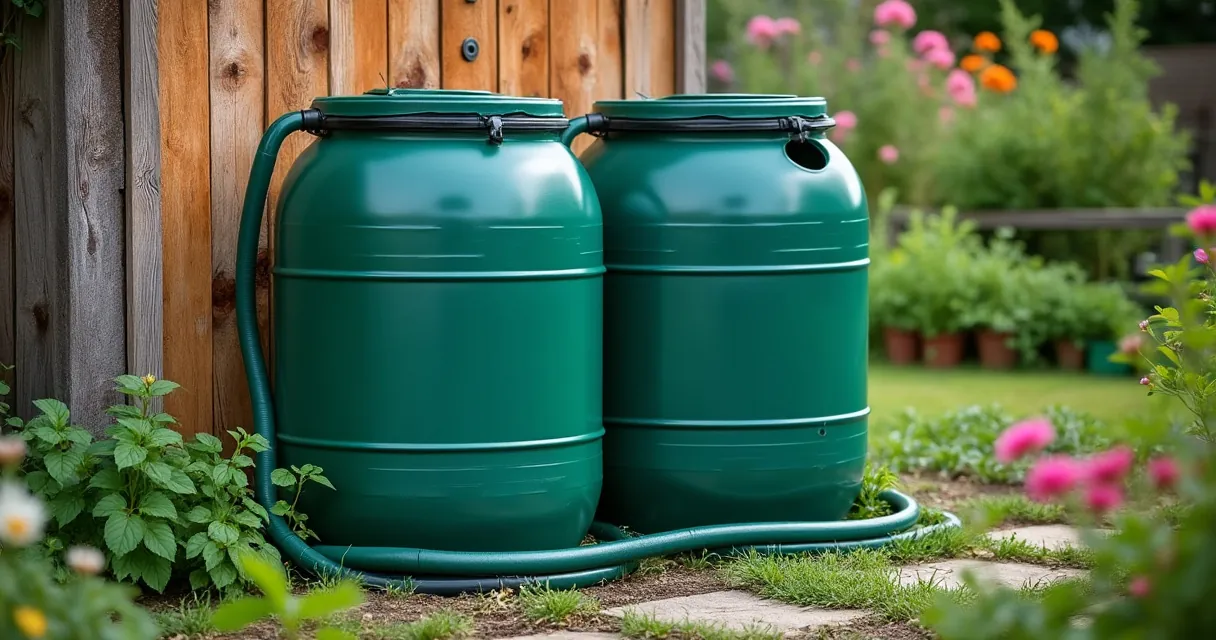 Zwei über einen Schlauch verbundene Regentonnen neben einem Gartenhaus