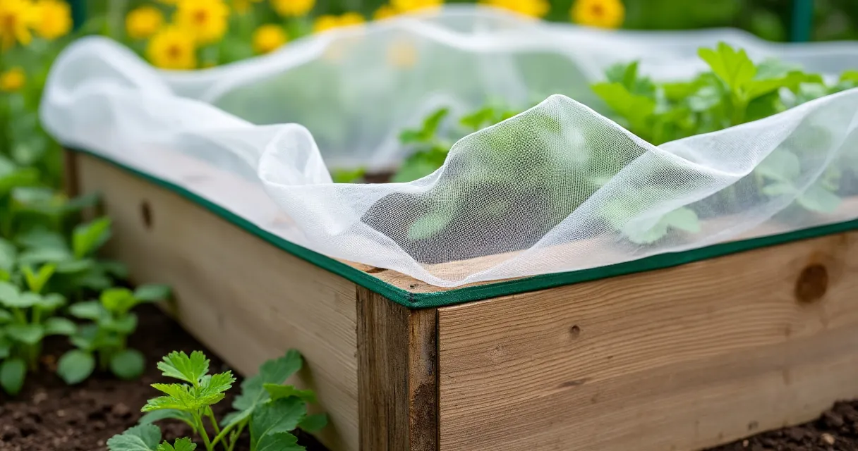 Insektenschutznetz über einem Hochbeet, dessen Rand straff anliegt