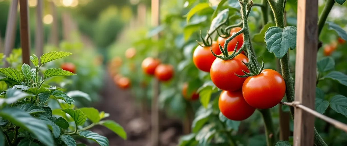 Tomatenpflanzen mit Rankhilfen im Kleingarten
