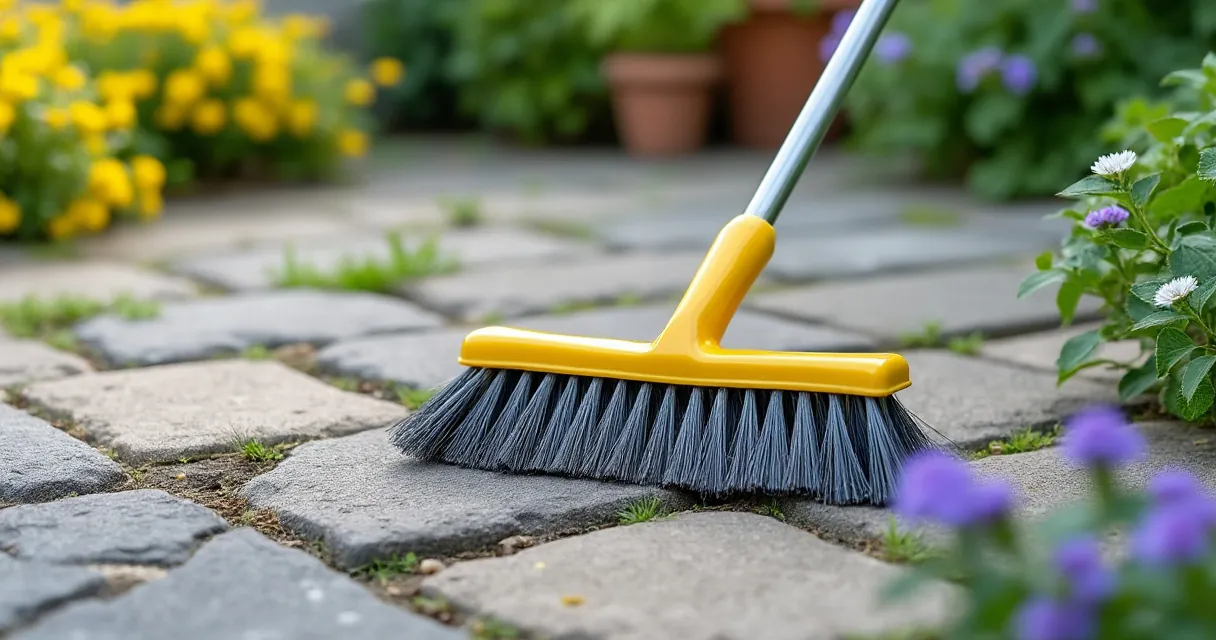 Bürste mit langem Stiel zum Reinigen von Plattenfugen auf einer Steinterrasse